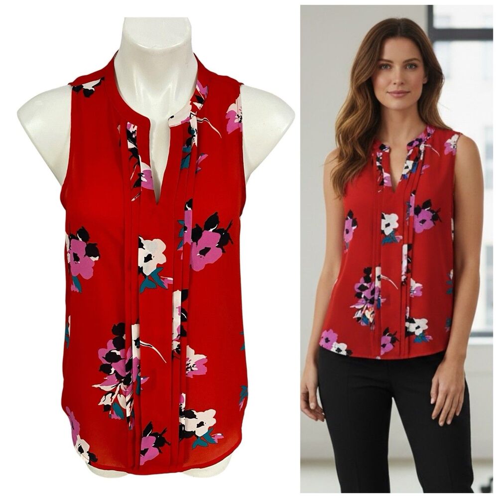 41 Hawthorne Top Womens Sz Small Blouse Red Sleeveless Pleat Work Office Casual